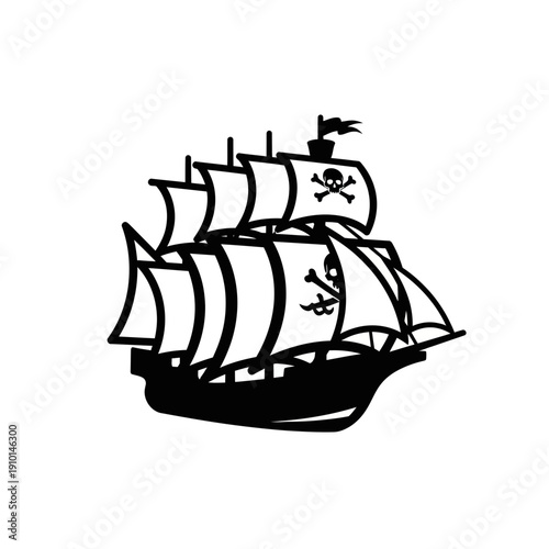 Pirate Ship Silhouette with Jolly Roger Flags Sailing