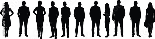 Businesspeople silhouettes, corporate group standing, men and women in business attire, teamwork, professional team, business team, leadership concept