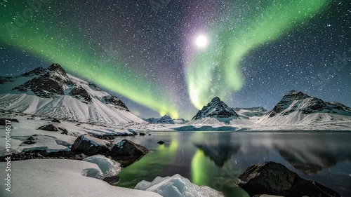 Snowy mountains under aurora sky