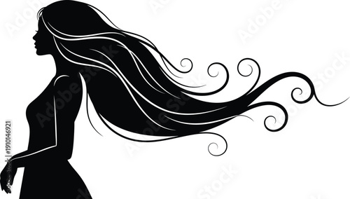 Woman with Long Flowing Hair Silhouette Isolated on White