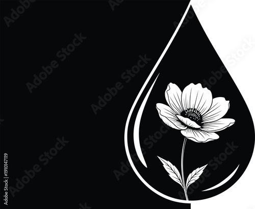 White Flower in Teardrop Shape on Black Background