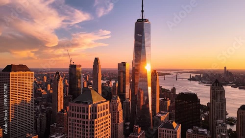 City skyline at sunset with tall buildings