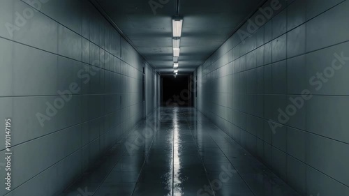 薄暗い地下通路を進むシネマティック映像
