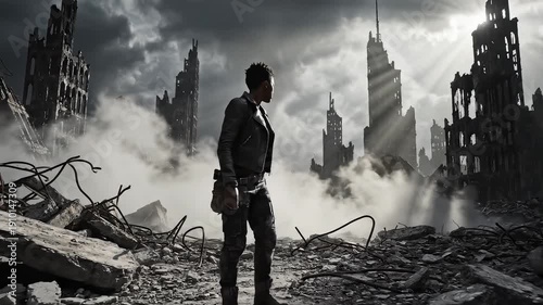 Person walking through destroyed city