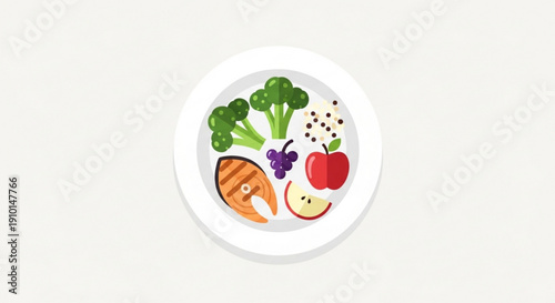 Balanced diet plate with salmon broccoli apple and berries on white background healthy eating concept