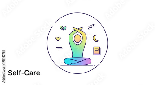 Self care concept with person meditating in a circle surrounded by symbols of relaxation and wellness