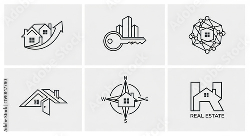 Collection of real estate logos and icons in a modern line art style.