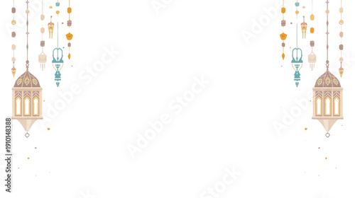 Symmetrical Illustration of Ornate Islamic Lanterns with Sparkling Elements