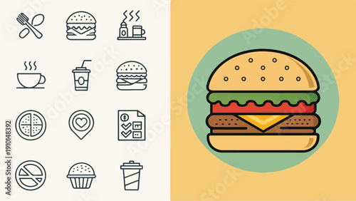 Vector art of a classic hamburger with cheese, flat design, on white