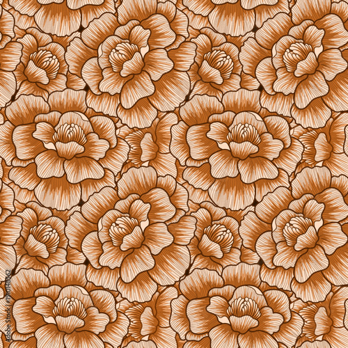 Seamless vintage floral pattern with hand drawn warming tone roses. Elegant botanical background with etched linework in brown and cream for textiles, wallpaper, and wrapping paper.