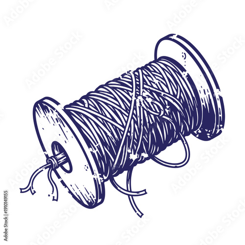 Grunge texture Spooled thread on a wooden reel for sewing or crafting projects at home with a simple design Vintage Style