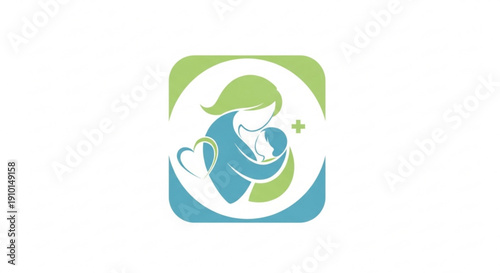 Mother nursing baby symbol healthcare and family support logo blue and green color scheme