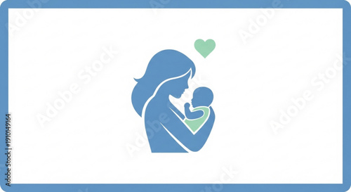 Mother holding baby with heart above symbolizing love and care in a simple blue and green illustration