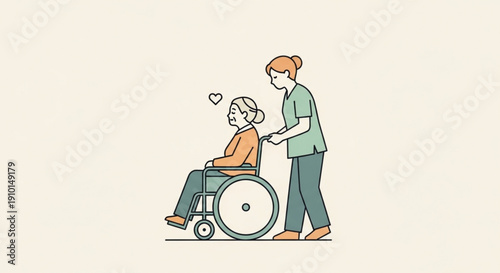 Caregiver supporting elderly person in wheelchair with love and kindness symbolizing healthcare and compassion