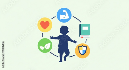 Child development icons circle silhouette with health education safety and growth symbols