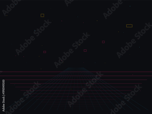 Neon-cyberpunk abstract digital grid with futuristic glow, featuring glowing lines and pixelated dots on a dark, atmospheric background