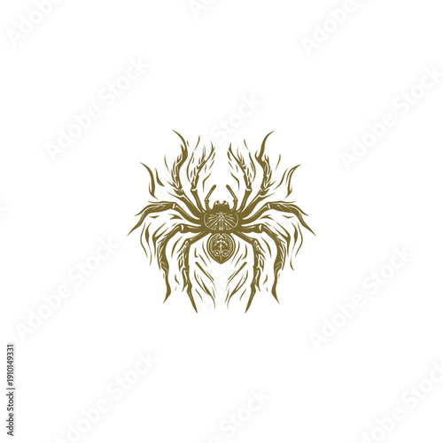 Vintage hand drawn spider illustration with tribal or flame details, gold arachnid symbol isolated
