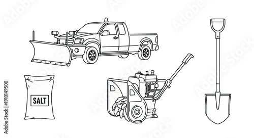 Snow Removal Tools: Snow Plow Truck, Snow Blower, Salt Bag & Shovel Line Art