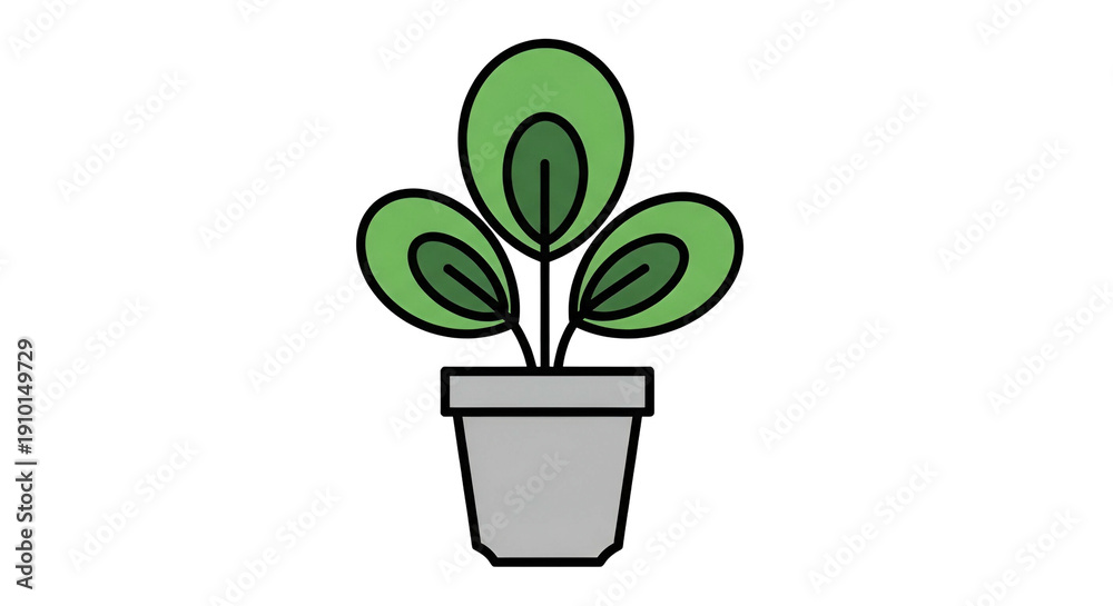 Fototapeta premium Simple plant illustration in a gray pot with three green leaves