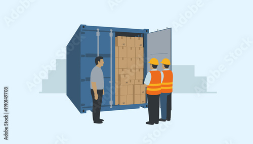 Workers inspecting cargo inside a blue shipping container filled with cardboard boxes.