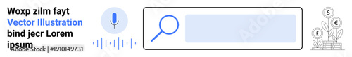 Voice search, speech recognition, tech innovation, financial growth, future technology, searching tools. A microphone, search bar and financial icons. Voice search and speech recognition concept