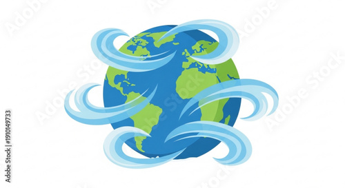 Earth with swirling blue wind currents around it symbolizing global weather patterns and climate change