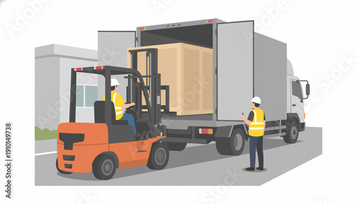 Forklift operator loading a large wooden crate into a delivery truck with a supervisor.