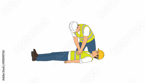 A construction worker performing CPR on an injured colleague wearing safety vests and hard hats.