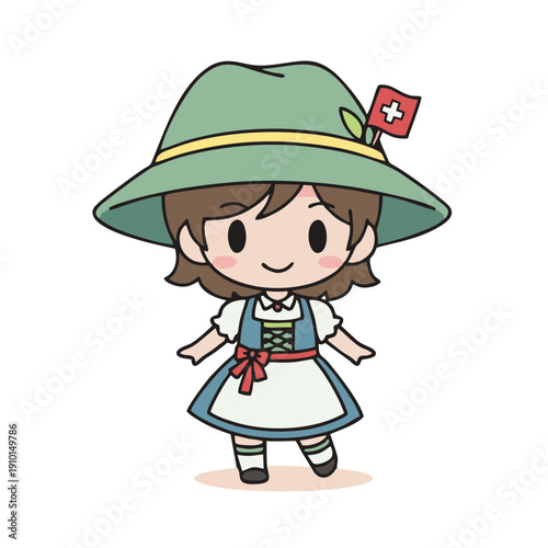cute swiss girl character wearing traditional dirndl dress and green hat in alps