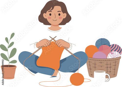 Woman Knitting with Colorful Yarn – Cozy Afternoon at Home with Tea and Plants