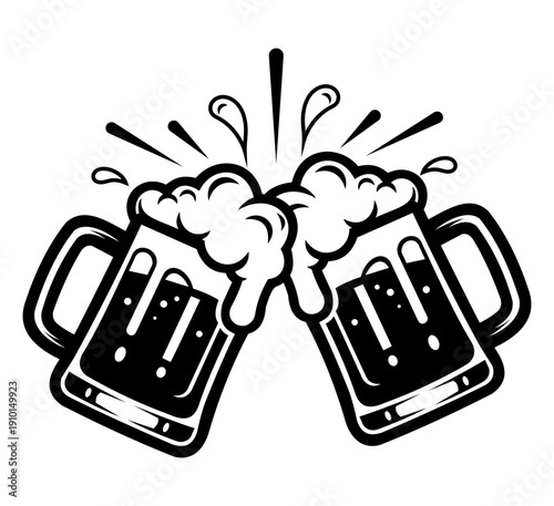 Two beer mugs clinking together with foam and a splash