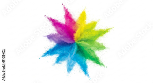 Vibrant multicolored starburst with pink yellow green blue and purple hues on white background