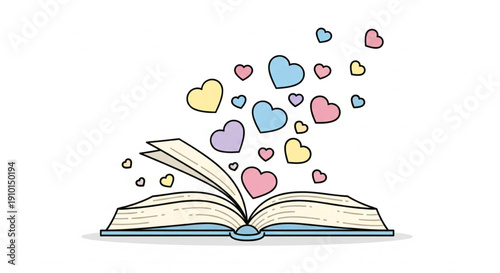 An open book with colorful hearts floating out, symbolizing love for reading and imagination.
