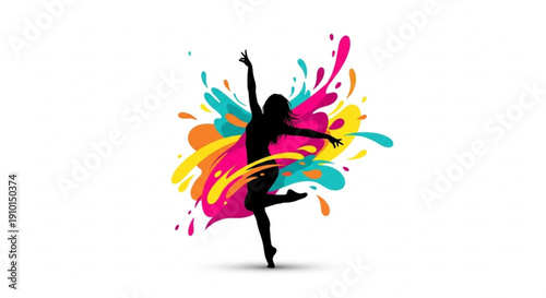 Silhouette of a dancer with colorful paint splashes in the background expressing joy and freedom of movement