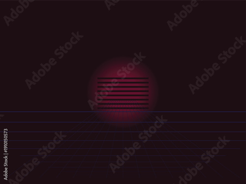 Neon-cyberpunk futuristic glow effect with red glowing circular vent on dark grid background, minimalist design style
