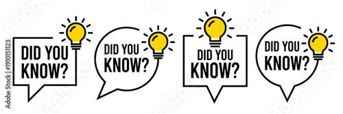 Did you know box frame big set. Did you know text in speech bubble blank template with message and question. Box frame with bulb icons, badge, sticker, label, flat vector, isolated illustration.