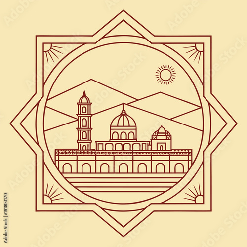 Geometric star frame enclosing a flat line of a building complex with a dome and tower under a sun and mountains Keywords