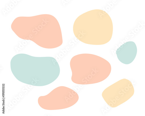 北欧風な手書きの有機的図形・抽象色塊セット。パステルカラーの柔らかいニュアンスデザイン。おしゃれなWebバナー、SNS投稿の背景、ポスター、名刺やパッケージ装飾に最適な高品質ベクター素材。Modern organic shape set with hand-drawn abstract blobs.