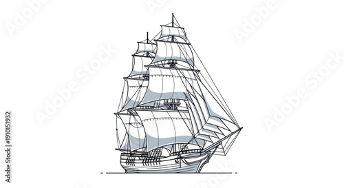 Vintage Sailing Ship Illustration: Tall Ship with Full Sails on White Background