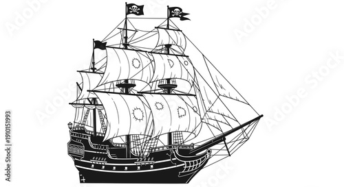 Pirate Ship With Jolly Roger Flags, Black and White Illustration