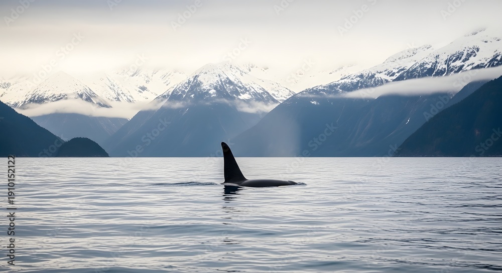 Obraz premium Silhouette of Orca Fin against Misty Snow Capped Mountains