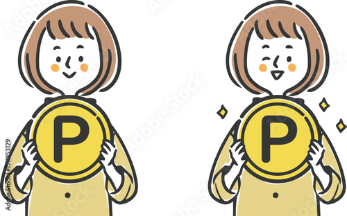 ポイントのコインを持つ女性　上半身　ベクター