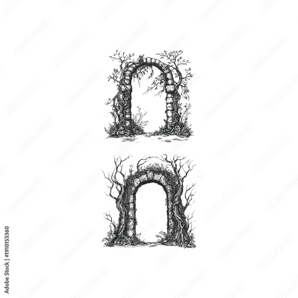 Fototapeta premium Vintage woodcut illustration of an ancient stone archway covered in vines and surrounded by twisted trees, hand-drawn engraving style for fantasy and nature themes.