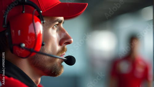 Professional race engineer wearing red racing cap, radio headset, microphone, pit lane or control room - motorsports, pit crew communication, pit wall engineering, sports broadcast