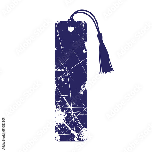 Grunge texture blue bookmark with tassel and scratched design for marking pages in books Vintage Style
