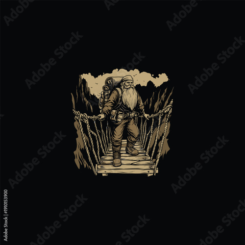 Vintage woodcut illustration of an old bearded hiker with a backpack crossing a rope suspension bridge in the mountains, circular emblem design in hand-drawn engraving style.