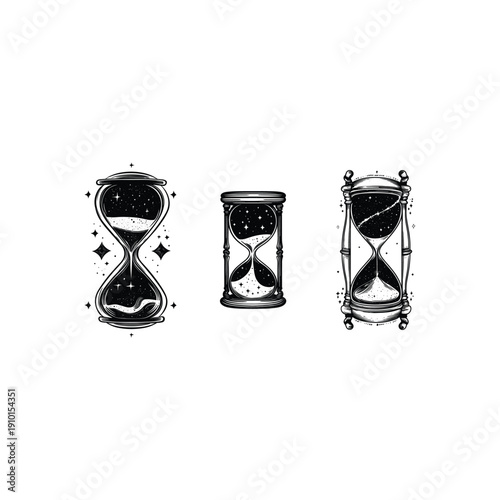 Mystical hourglass with sand and sparkling stars illustration in vintage hand-drawn style on black background.