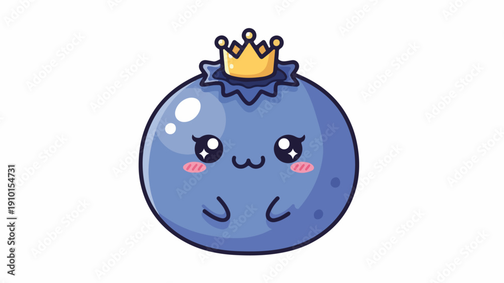 Naklejka premium A blue cartoon fruit character wearing a golden crown on a white background with a cute expression.