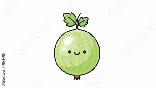 A cartoon green melon with a smiling face and two leaves on top against a plain white background.