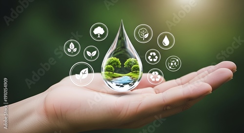 Water drop in hand against natural background in Save water concept on world water day. Conserving the environment in terms of water resources
